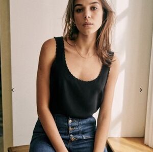 Sezane Black Scoop Neck Scalloped Tank Top